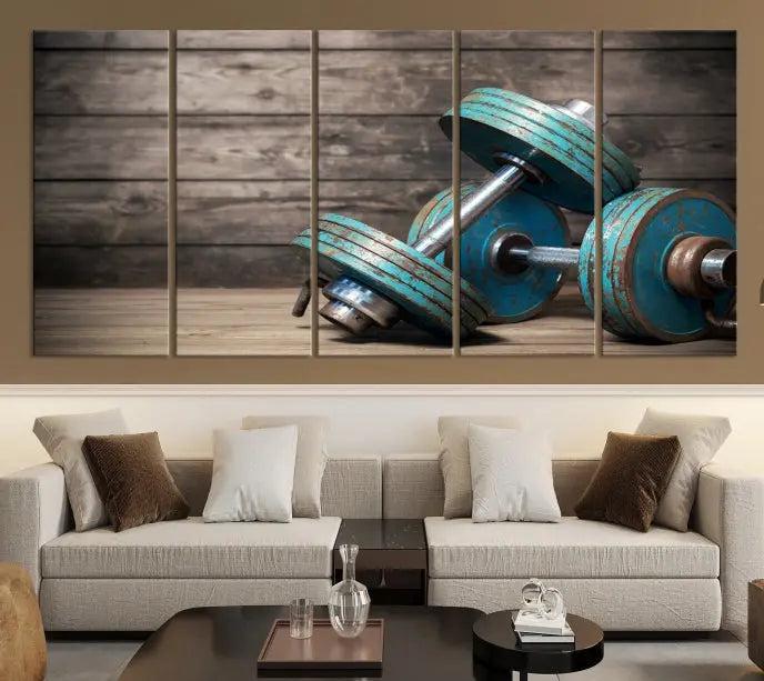 Adorn your walls with the Dambell and Sport Wall Art Canvas Print, showcasing teal dumbbells against rustic wooden panels for a touch of museum-quality elegance.