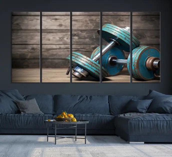 Adorn your walls with the Dambell and Sport Wall Art Canvas Print, showcasing teal dumbbells against rustic wooden panels for a touch of museum-quality elegance.