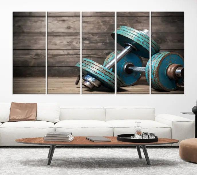 Adorn your walls with the Dambell and Sport Wall Art Canvas Print, showcasing teal dumbbells against rustic wooden panels for a touch of museum-quality elegance.