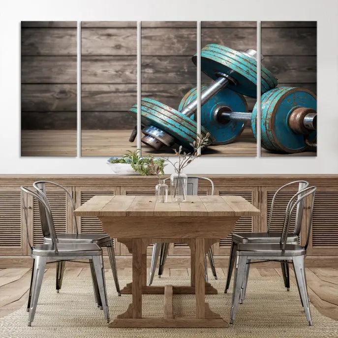 Adorn your walls with the Dambell and Sport Wall Art Canvas Print, showcasing teal dumbbells against rustic wooden panels for a touch of museum-quality elegance.