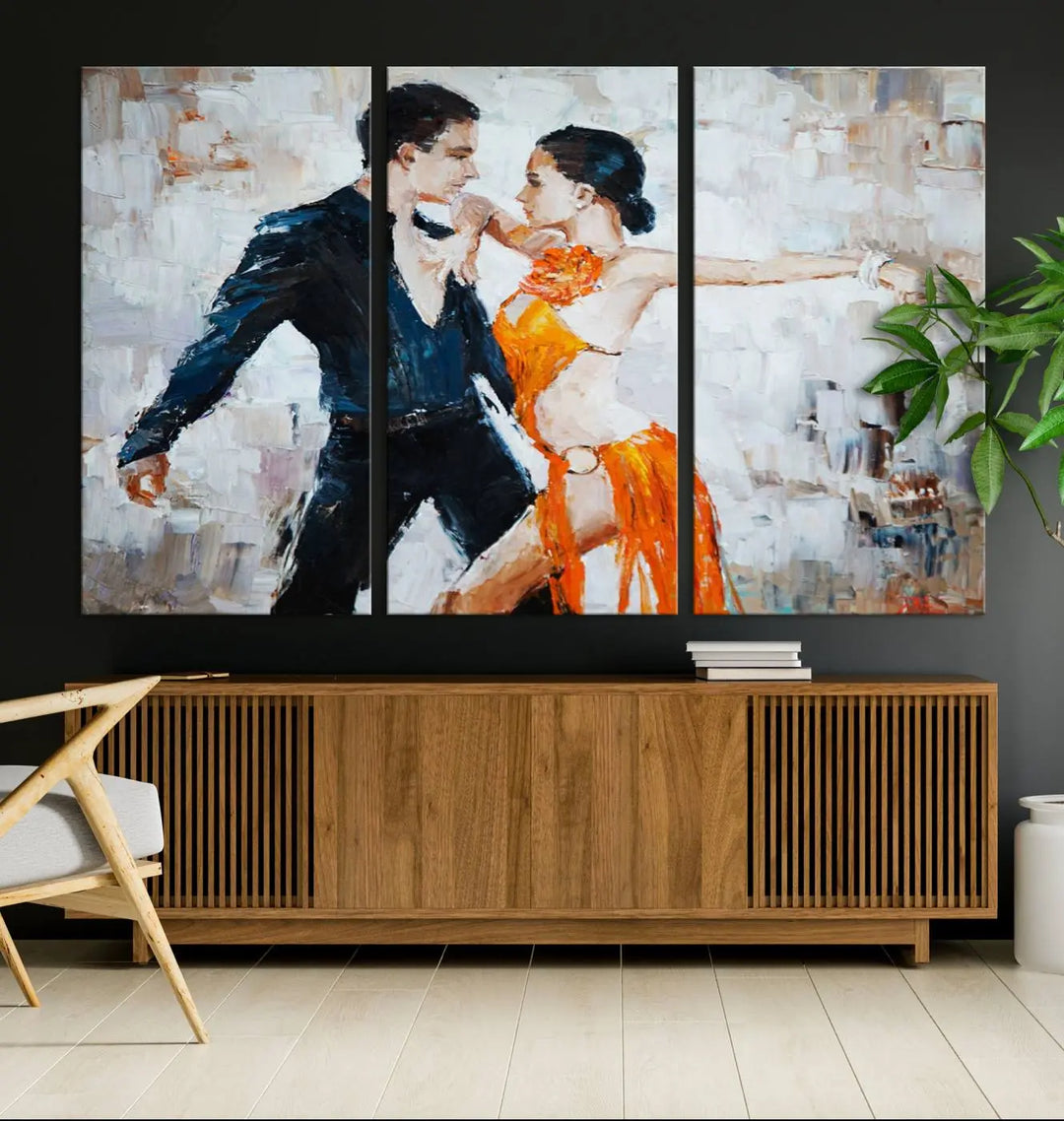 The triptych of dancers in a passionate pose on Dance Abstract Wall Art Canvas Prints is expertly crafted by professional artisans. This piece, featuring a dancer in an orange dress, adds sophistication to any room and is available with free shipping for your convenience.