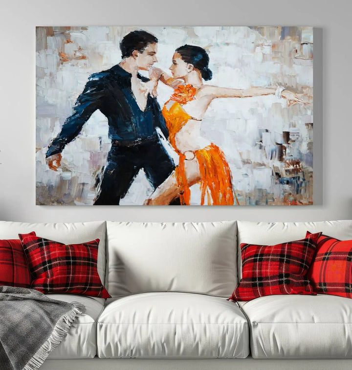 The triptych of dancers in a passionate pose on Dance Abstract Wall Art Canvas Prints is expertly crafted by professional artisans. This piece, featuring a dancer in an orange dress, adds sophistication to any room and is available with free shipping for your convenience.