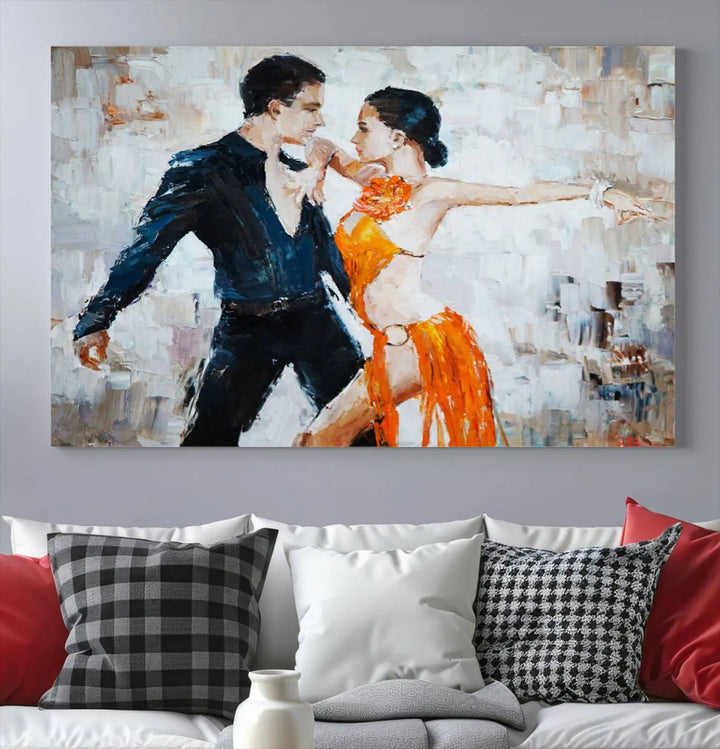 The triptych of dancers in a passionate pose on Dance Abstract Wall Art Canvas Prints is expertly crafted by professional artisans. This piece, featuring a dancer in an orange dress, adds sophistication to any room and is available with free shipping for your convenience.