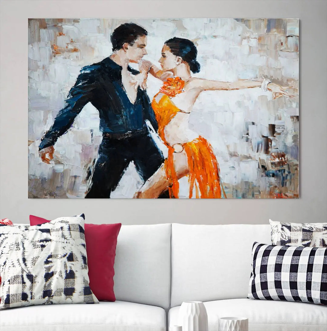 The triptych of dancers in a passionate pose on Dance Abstract Wall Art Canvas Prints is expertly crafted by professional artisans. This piece, featuring a dancer in an orange dress, adds sophistication to any room and is available with free shipping for your convenience.