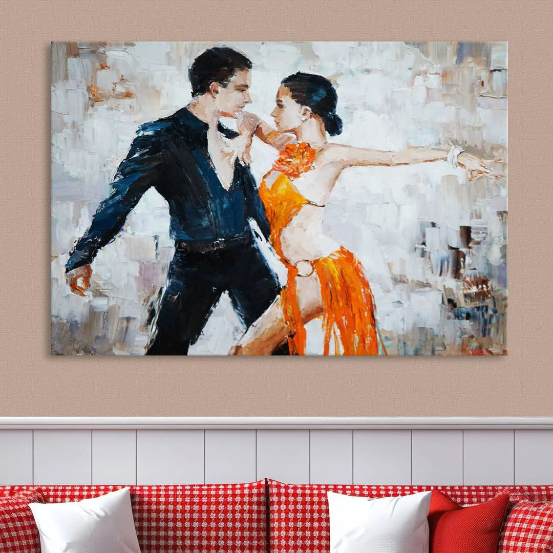 The triptych of dancers in a passionate pose on Dance Abstract Wall Art Canvas Prints is expertly crafted by professional artisans. This piece, featuring a dancer in an orange dress, adds sophistication to any room and is available with free shipping for your convenience.