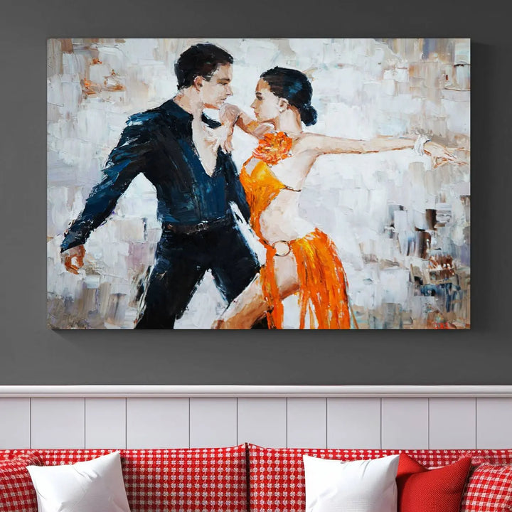 The triptych of dancers in a passionate pose on Dance Abstract Wall Art Canvas Prints is expertly crafted by professional artisans. This piece, featuring a dancer in an orange dress, adds sophistication to any room and is available with free shipping for your convenience.