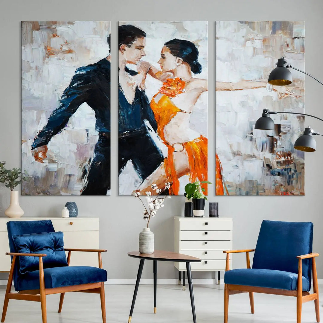 The triptych of dancers in a passionate pose on Dance Abstract Wall Art Canvas Prints is expertly crafted by professional artisans. This piece, featuring a dancer in an orange dress, adds sophistication to any room and is available with free shipping for your convenience.