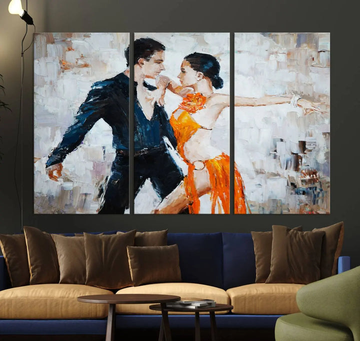 The triptych of dancers in a passionate pose on Dance Abstract Wall Art Canvas Prints is expertly crafted by professional artisans. This piece, featuring a dancer in an orange dress, adds sophistication to any room and is available with free shipping for your convenience.