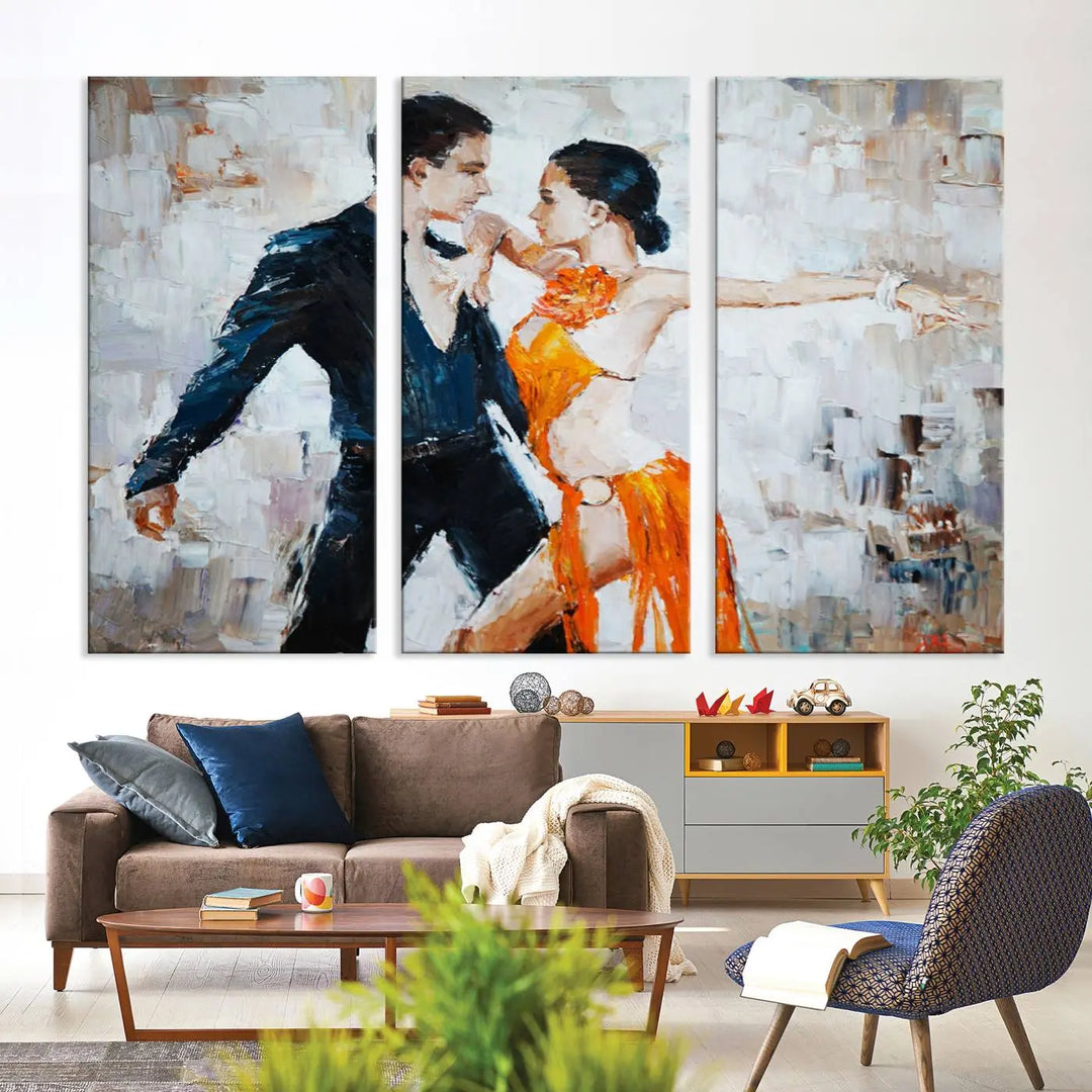 The triptych of dancers in a passionate pose on Dance Abstract Wall Art Canvas Prints is expertly crafted by professional artisans. This piece, featuring a dancer in an orange dress, adds sophistication to any room and is available with free shipping for your convenience.