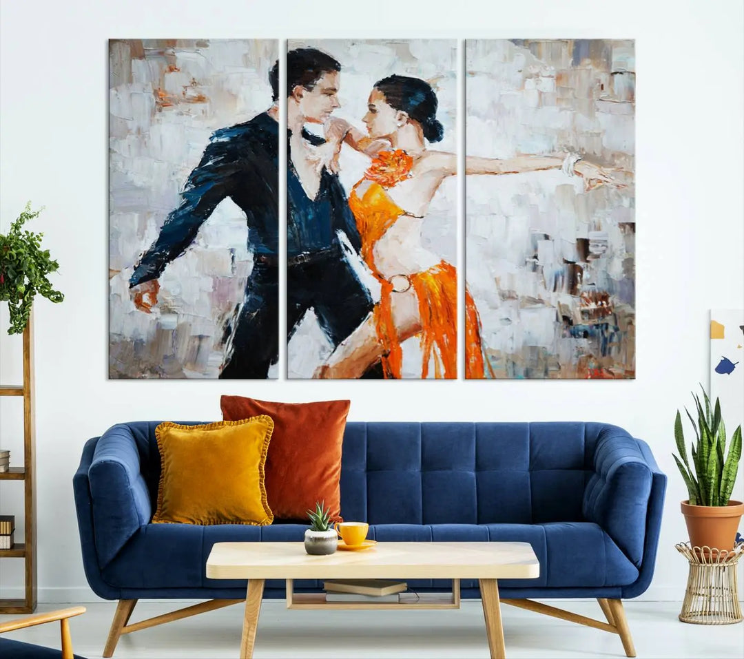 The triptych of dancers in a passionate pose on Dance Abstract Wall Art Canvas Prints is expertly crafted by professional artisans. This piece, featuring a dancer in an orange dress, adds sophistication to any room and is available with free shipping for your convenience.