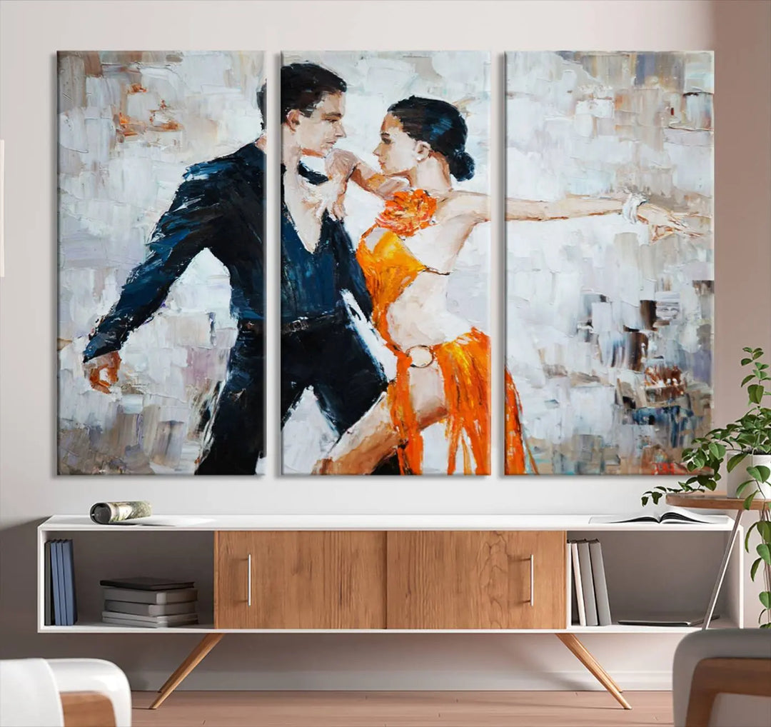 The triptych of dancers in a passionate pose on Dance Abstract Wall Art Canvas Prints is expertly crafted by professional artisans. This piece, featuring a dancer in an orange dress, adds sophistication to any room and is available with free shipping for your convenience.