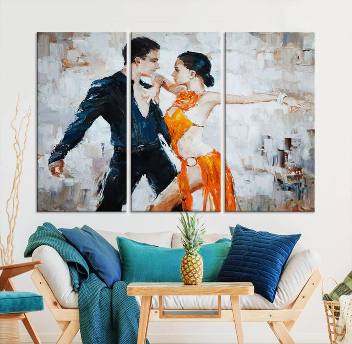 The triptych of dancers in a passionate pose on Dance Abstract Wall Art Canvas Prints is expertly crafted by professional artisans. This piece, featuring a dancer in an orange dress, adds sophistication to any room and is available with free shipping for your convenience.