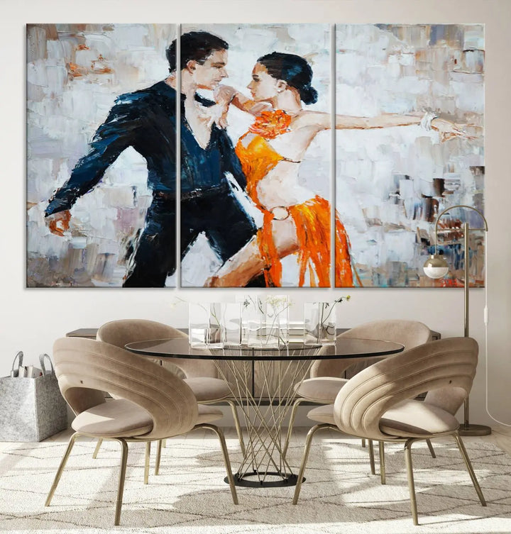 The triptych of dancers in a passionate pose on Dance Abstract Wall Art Canvas Prints is expertly crafted by professional artisans. This piece, featuring a dancer in an orange dress, adds sophistication to any room and is available with free shipping for your convenience.