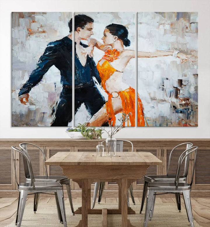 The triptych of dancers in a passionate pose on Dance Abstract Wall Art Canvas Prints is expertly crafted by professional artisans. This piece, featuring a dancer in an orange dress, adds sophistication to any room and is available with free shipping for your convenience.