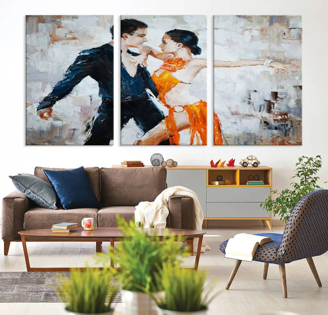 The triptych of dancers in a passionate pose on Dance Abstract Wall Art Canvas Prints is expertly crafted by professional artisans. This piece, featuring a dancer in an orange dress, adds sophistication to any room and is available with free shipping for your convenience.