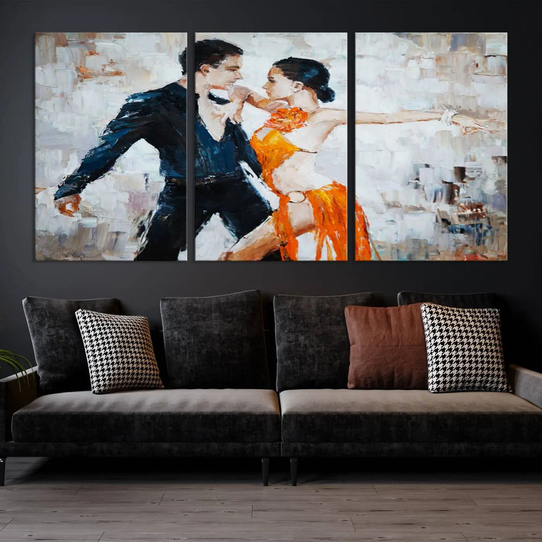 The triptych of dancers in a passionate pose on Dance Abstract Wall Art Canvas Prints is expertly crafted by professional artisans. This piece, featuring a dancer in an orange dress, adds sophistication to any room and is available with free shipping for your convenience.