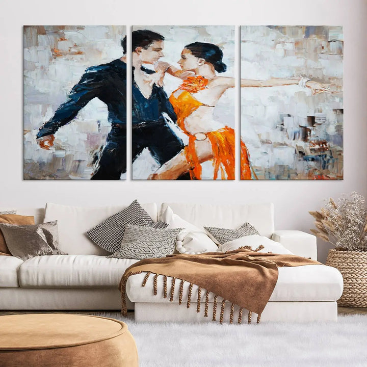 The triptych of dancers in a passionate pose on Dance Abstract Wall Art Canvas Prints is expertly crafted by professional artisans. This piece, featuring a dancer in an orange dress, adds sophistication to any room and is available with free shipping for your convenience.