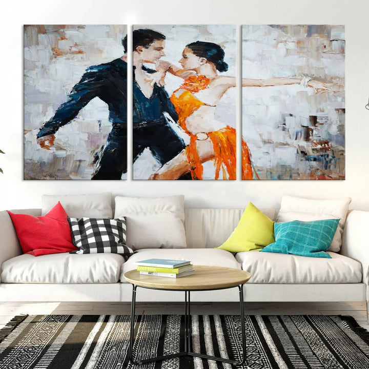 The triptych of dancers in a passionate pose on Dance Abstract Wall Art Canvas Prints is expertly crafted by professional artisans. This piece, featuring a dancer in an orange dress, adds sophistication to any room and is available with free shipping for your convenience.