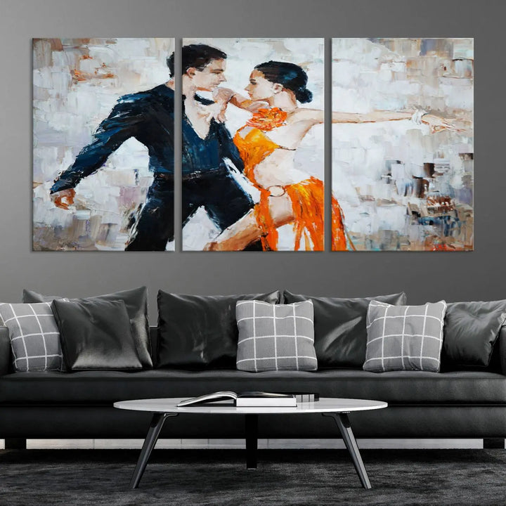 The triptych of dancers in a passionate pose on Dance Abstract Wall Art Canvas Prints is expertly crafted by professional artisans. This piece, featuring a dancer in an orange dress, adds sophistication to any room and is available with free shipping for your convenience.