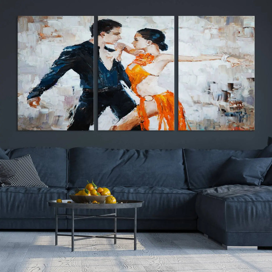 The triptych of dancers in a passionate pose on Dance Abstract Wall Art Canvas Prints is expertly crafted by professional artisans. This piece, featuring a dancer in an orange dress, adds sophistication to any room and is available with free shipping for your convenience.