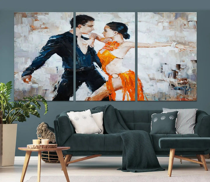 The triptych of dancers in a passionate pose on Dance Abstract Wall Art Canvas Prints is expertly crafted by professional artisans. This piece, featuring a dancer in an orange dress, adds sophistication to any room and is available with free shipping for your convenience.