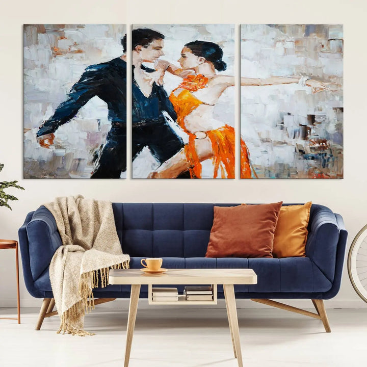 The triptych of dancers in a passionate pose on Dance Abstract Wall Art Canvas Prints is expertly crafted by professional artisans. This piece, featuring a dancer in an orange dress, adds sophistication to any room and is available with free shipping for your convenience.