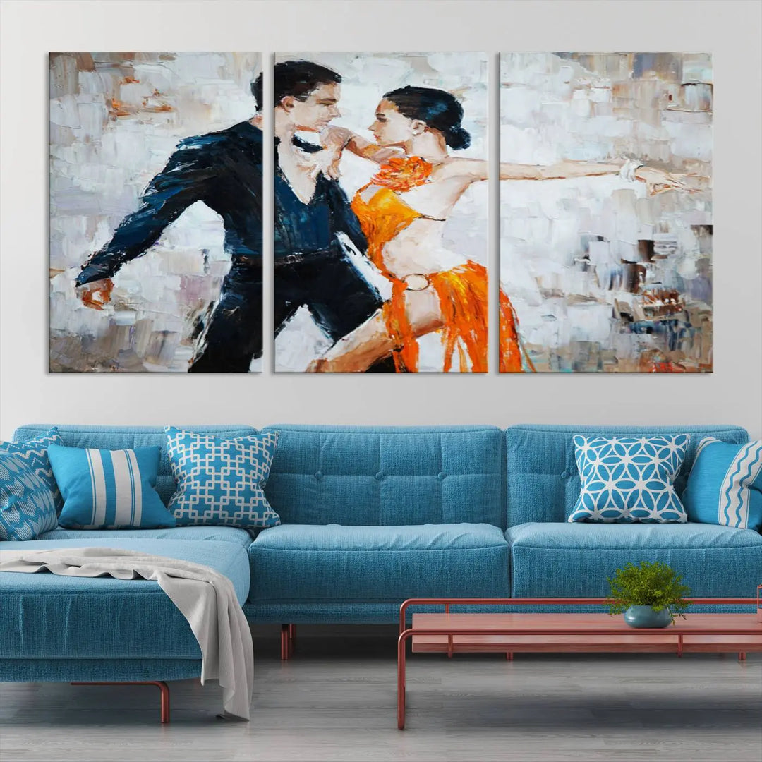 The triptych of dancers in a passionate pose on Dance Abstract Wall Art Canvas Prints is expertly crafted by professional artisans. This piece, featuring a dancer in an orange dress, adds sophistication to any room and is available with free shipping for your convenience.