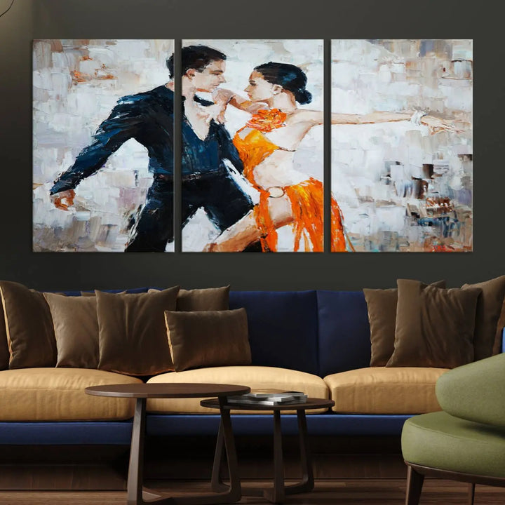 The triptych of dancers in a passionate pose on Dance Abstract Wall Art Canvas Prints is expertly crafted by professional artisans. This piece, featuring a dancer in an orange dress, adds sophistication to any room and is available with free shipping for your convenience.