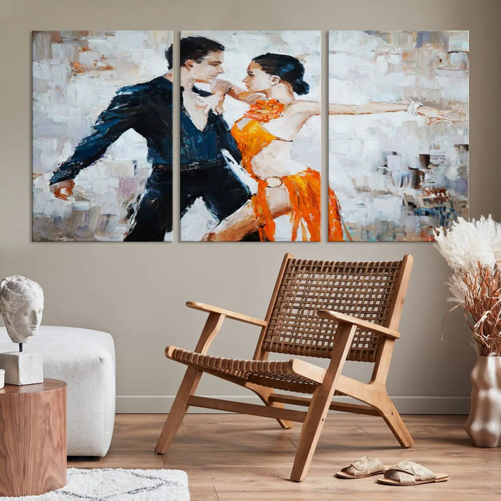 The triptych of dancers in a passionate pose on Dance Abstract Wall Art Canvas Prints is expertly crafted by professional artisans. This piece, featuring a dancer in an orange dress, adds sophistication to any room and is available with free shipping for your convenience.