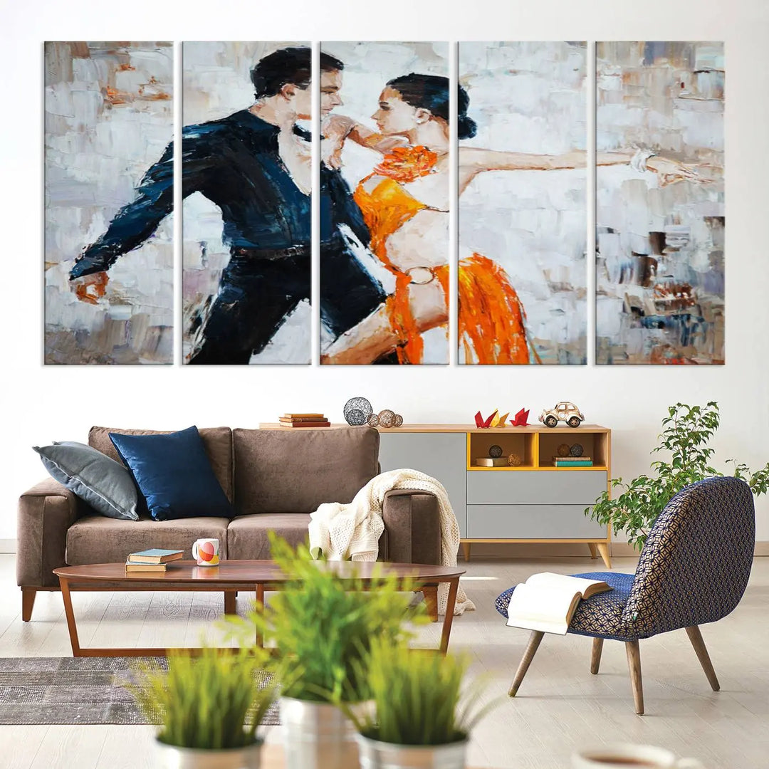 The triptych of dancers in a passionate pose on Dance Abstract Wall Art Canvas Prints is expertly crafted by professional artisans. This piece, featuring a dancer in an orange dress, adds sophistication to any room and is available with free shipping for your convenience.