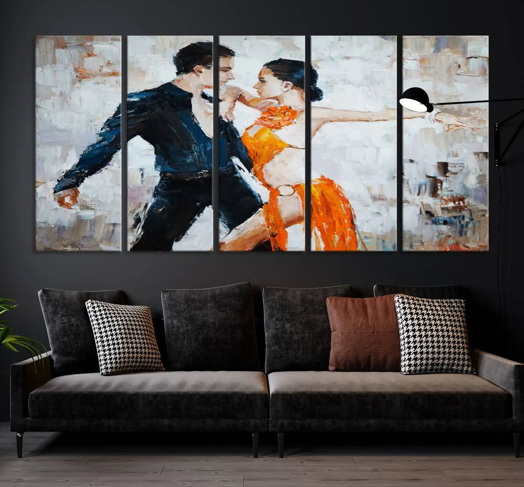 The triptych of dancers in a passionate pose on Dance Abstract Wall Art Canvas Prints is expertly crafted by professional artisans. This piece, featuring a dancer in an orange dress, adds sophistication to any room and is available with free shipping for your convenience.