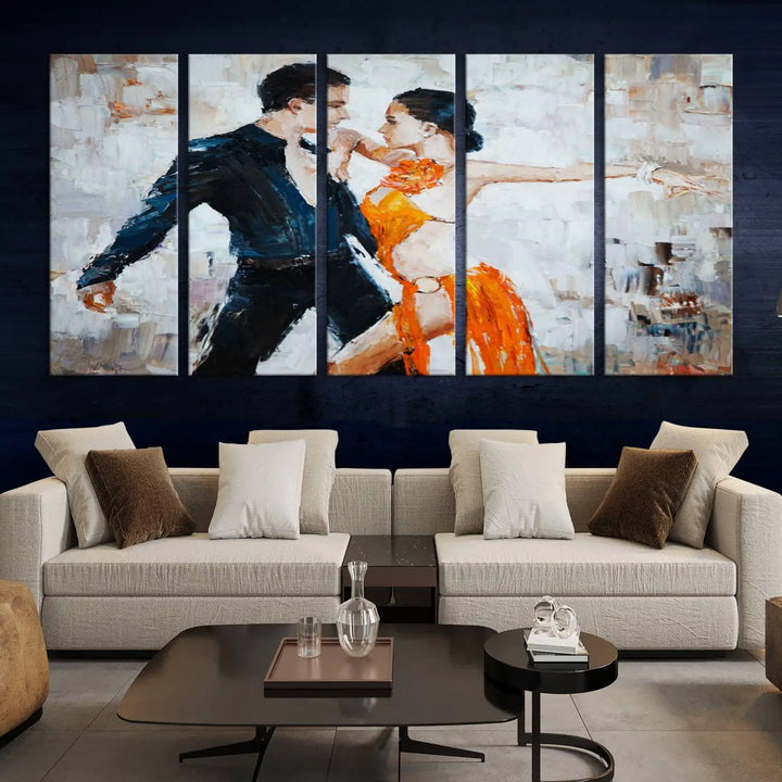 The triptych of dancers in a passionate pose on Dance Abstract Wall Art Canvas Prints is expertly crafted by professional artisans. This piece, featuring a dancer in an orange dress, adds sophistication to any room and is available with free shipping for your convenience.