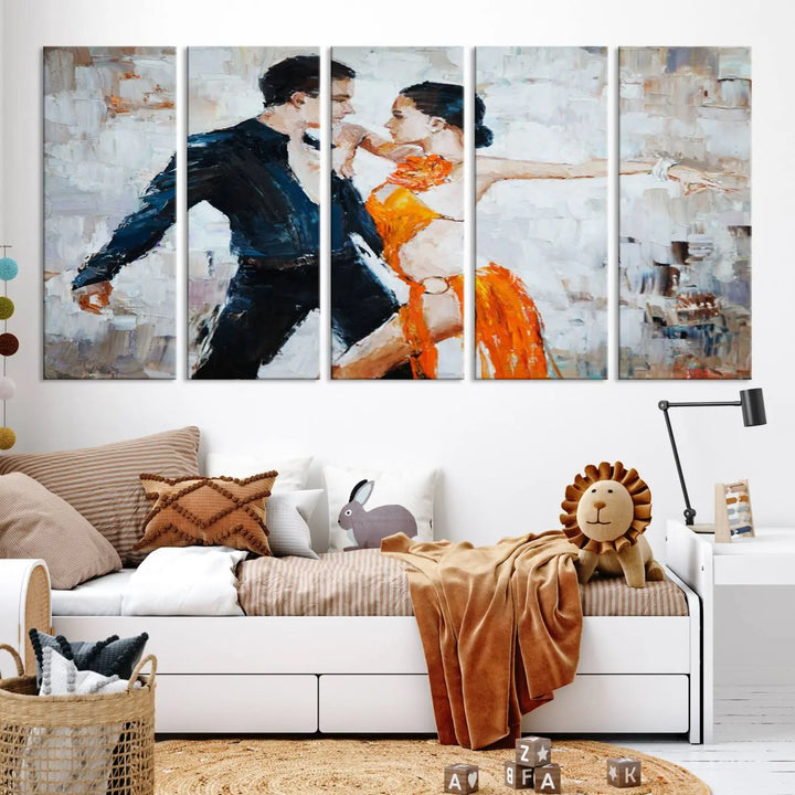 The triptych of dancers in a passionate pose on Dance Abstract Wall Art Canvas Prints is expertly crafted by professional artisans. This piece, featuring a dancer in an orange dress, adds sophistication to any room and is available with free shipping for your convenience.