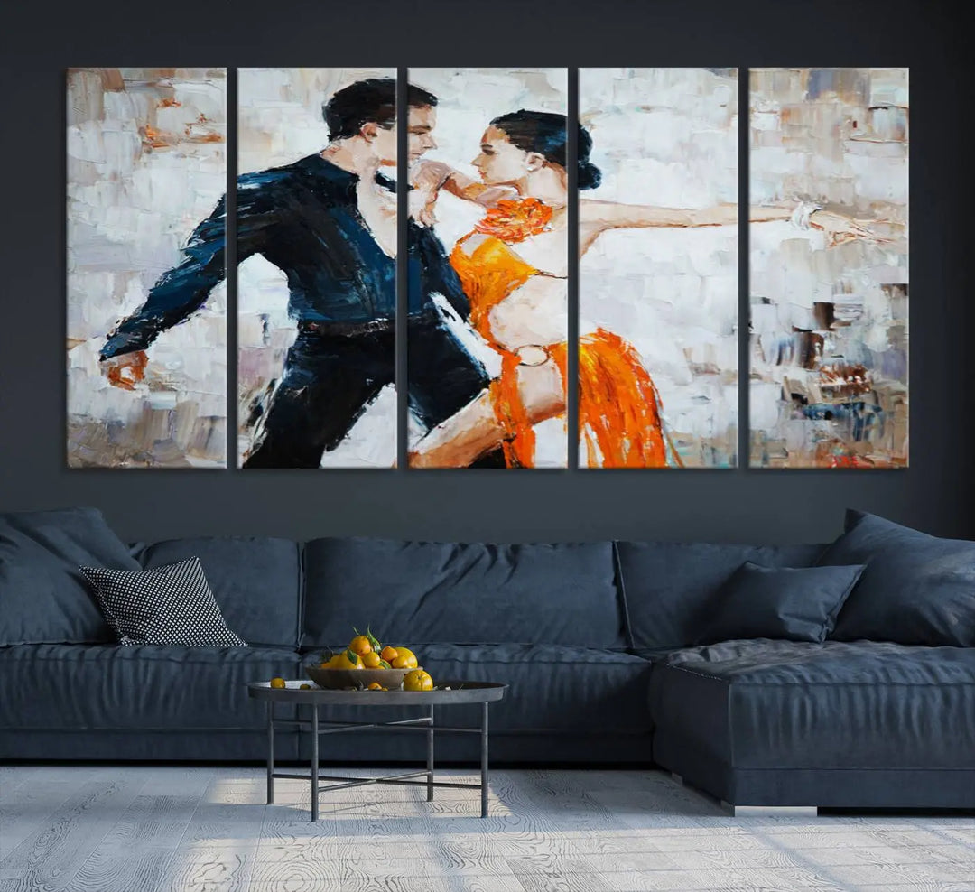 The triptych of dancers in a passionate pose on Dance Abstract Wall Art Canvas Prints is expertly crafted by professional artisans. This piece, featuring a dancer in an orange dress, adds sophistication to any room and is available with free shipping for your convenience.