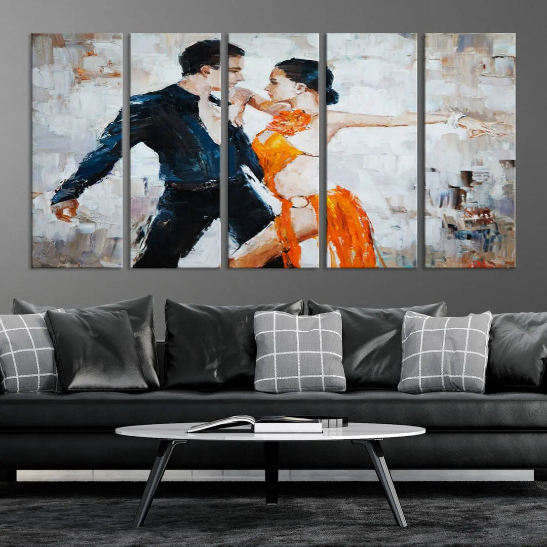 The triptych of dancers in a passionate pose on Dance Abstract Wall Art Canvas Prints is expertly crafted by professional artisans. This piece, featuring a dancer in an orange dress, adds sophistication to any room and is available with free shipping for your convenience.