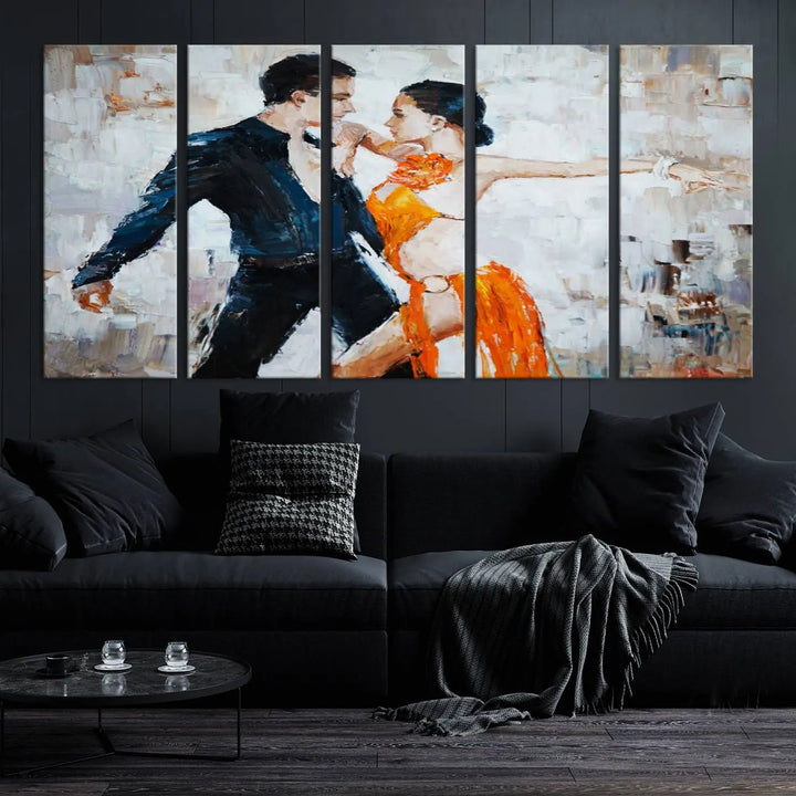 The triptych of dancers in a passionate pose on Dance Abstract Wall Art Canvas Prints is expertly crafted by professional artisans. This piece, featuring a dancer in an orange dress, adds sophistication to any room and is available with free shipping for your convenience.