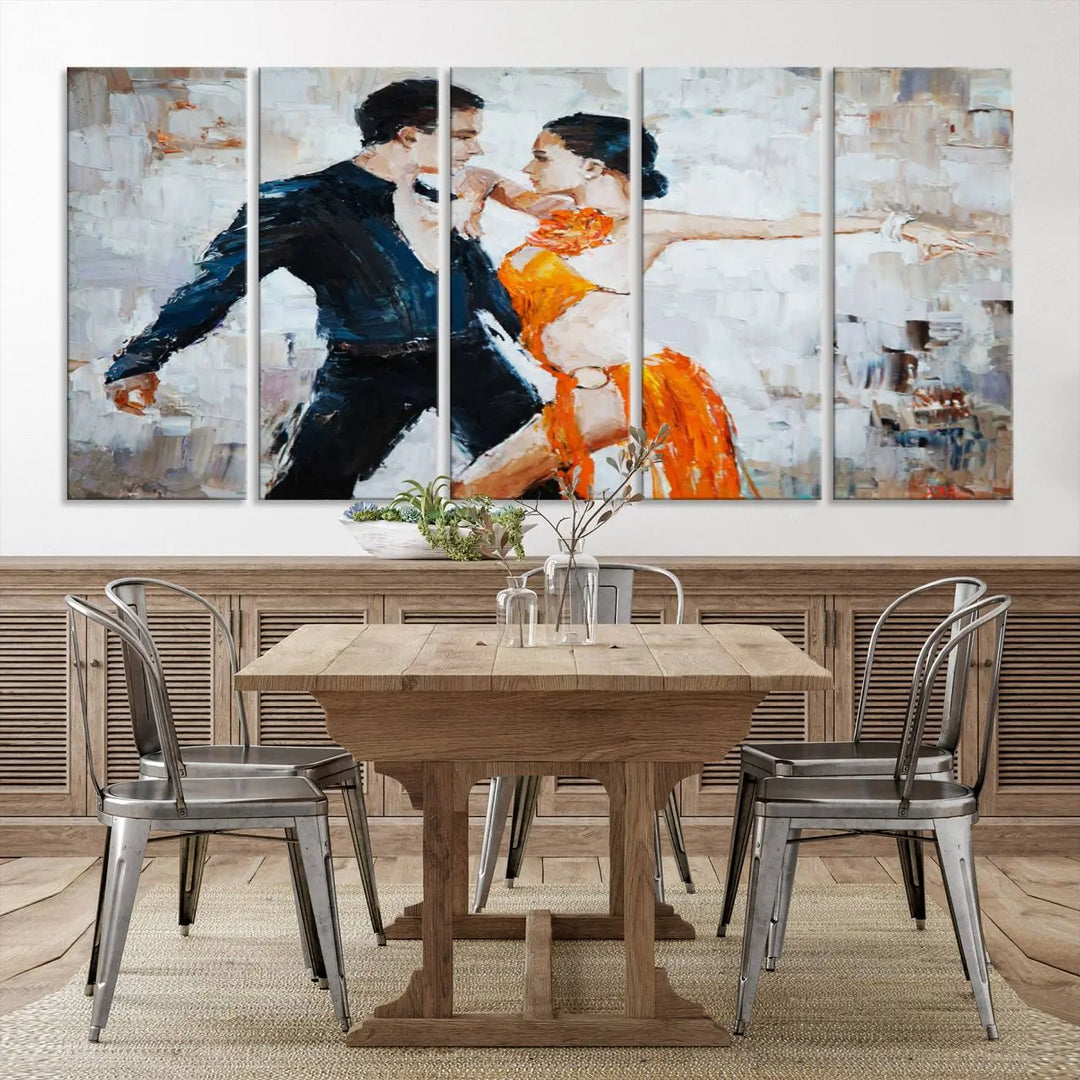 The triptych of dancers in a passionate pose on Dance Abstract Wall Art Canvas Prints is expertly crafted by professional artisans. This piece, featuring a dancer in an orange dress, adds sophistication to any room and is available with free shipping for your convenience.