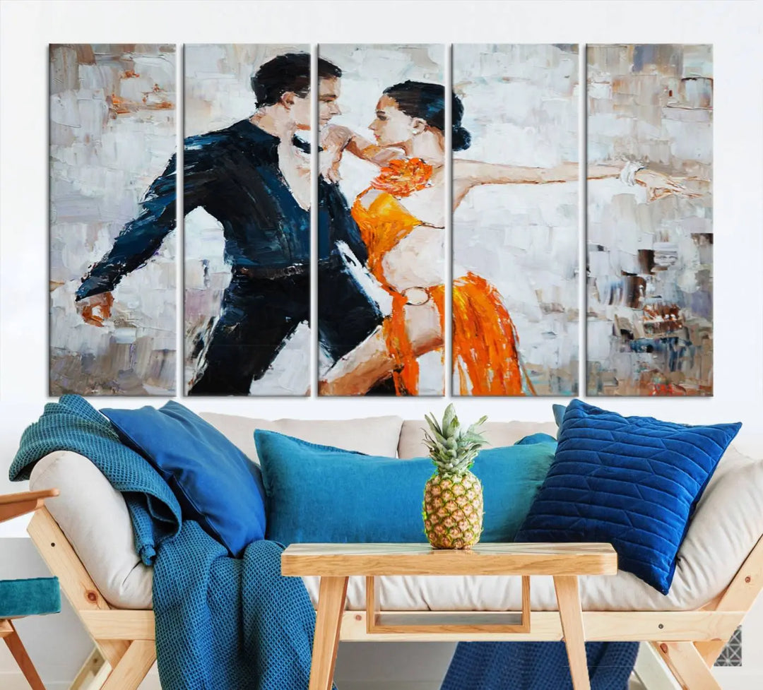 The triptych of dancers in a passionate pose on Dance Abstract Wall Art Canvas Prints is expertly crafted by professional artisans. This piece, featuring a dancer in an orange dress, adds sophistication to any room and is available with free shipping for your convenience.