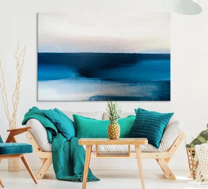 The living room is enhanced by the Dark Blue Abstract Wall Art Canvas Print, a triptych painting on hand-assembled framed canvas with UV-protective coating for enduring vibrancy.