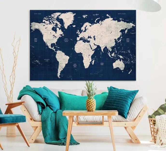 The modern living room is beautifully accented by the Dark Blue World Map Wall Art Canvas Print. This gallery-wrapped triptych features a dark blue backdrop that adds depth, creating a canvas of elegance on the wall.