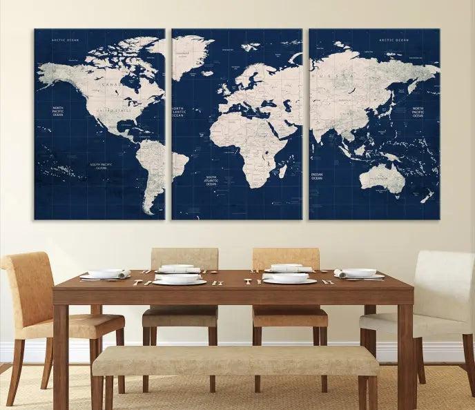 The modern living room is beautifully accented by the Dark Blue World Map Wall Art Canvas Print. This gallery-wrapped triptych features a dark blue backdrop that adds depth, creating a canvas of elegance on the wall.