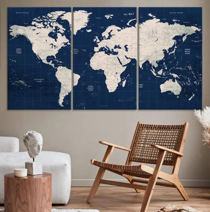 The modern living room is beautifully accented by the Dark Blue World Map Wall Art Canvas Print. This gallery-wrapped triptych features a dark blue backdrop that adds depth, creating a canvas of elegance on the wall.