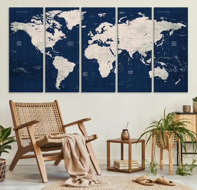 The modern living room is beautifully accented by the Dark Blue World Map Wall Art Canvas Print. This gallery-wrapped triptych features a dark blue backdrop that adds depth, creating a canvas of elegance on the wall.