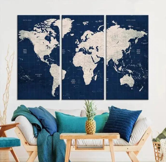 Dark Blue World Map Wall Art Canvas Print