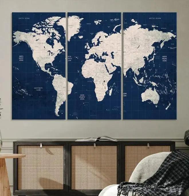 Dark Blue World Map Wall Art Canvas Print