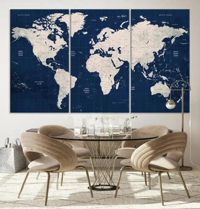 Dark Blue World Map Wall Art Canvas Print
