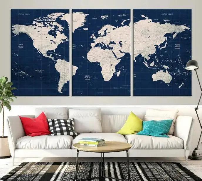 Dark Blue World Map Wall Art Canvas Print