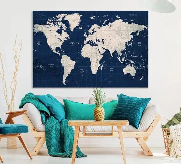 Dark Blue World Map Wall Art Canvas Print