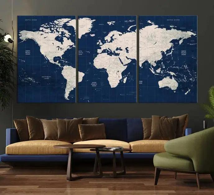 Dark Blue World Map Wall Art Canvas Print