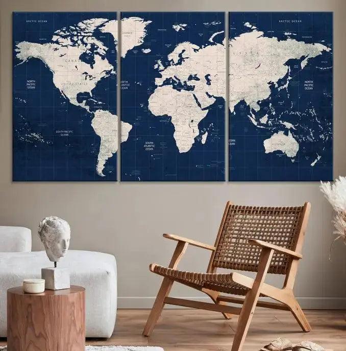 Dark Blue World Map Wall Art Canvas Print